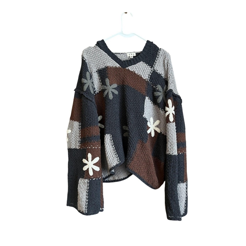 POL Sweater Womens Medium Multicolor Hooded Daisy Patchwork Open Knit Boho